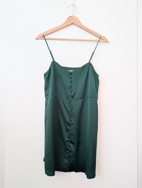 Urban Outfitters Emerald Green Satin Mini Slip Dress with Covered Buttons Size S